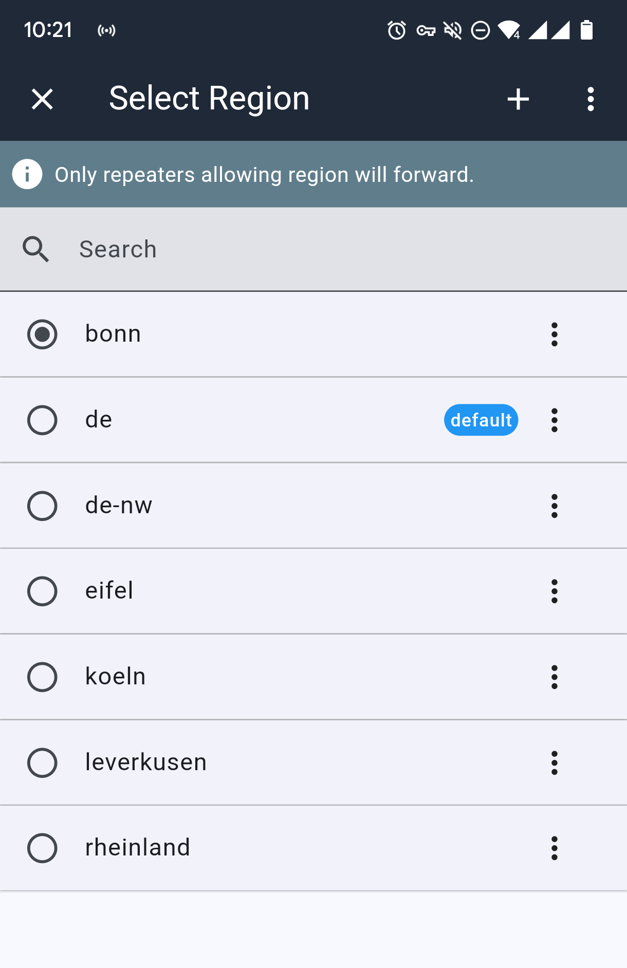MeshCore App Regionen-Liste